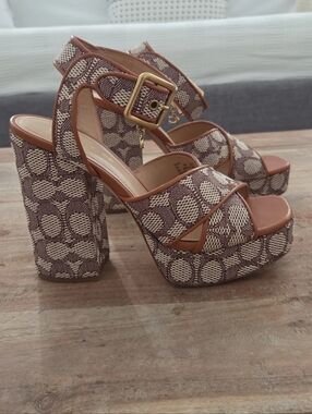 Coach Brown and Cream Signature Platform Block Heel Sandals